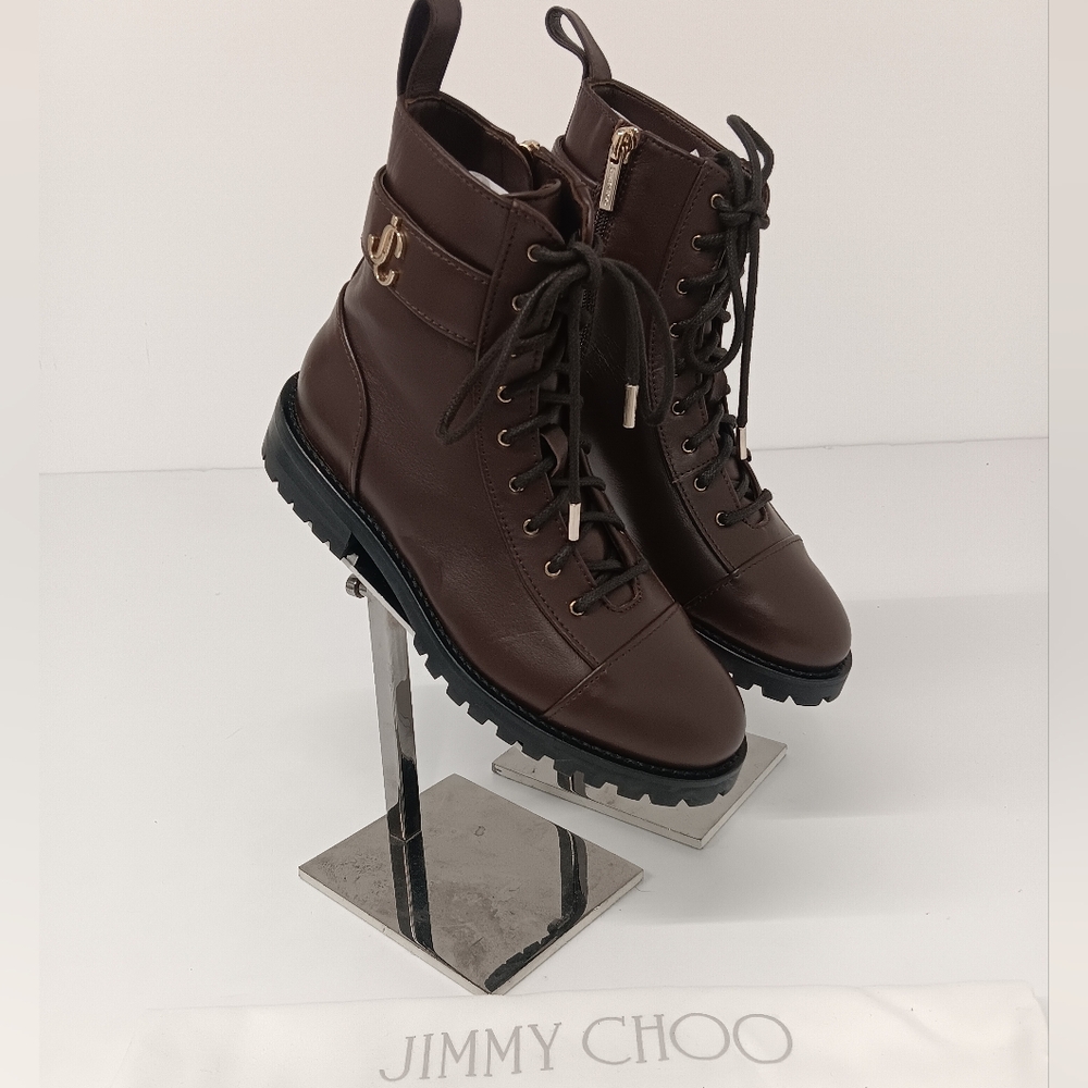 Jimmy Choo Women's Cayo Brown Leather Lug Sole Combat Boots- EU36/US6